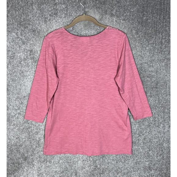 J Jill Top Women Size Small Petite SP Pink‎ Slub Knit Crochet Trim 3/4 Sleeves - Picture 2 of 6